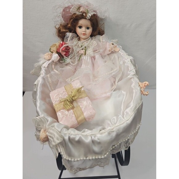 VG 12" Porcelain Doll in 2'x1.5"x1.5" Musical Wicker Basket Carriage Stroller - Picture 2 of 8